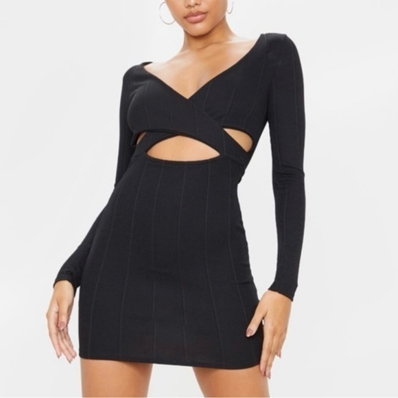 Pretty Little Thing Black Bandage Cross Front Cut Out Mini Dress 💕 - Picture 1 of 8